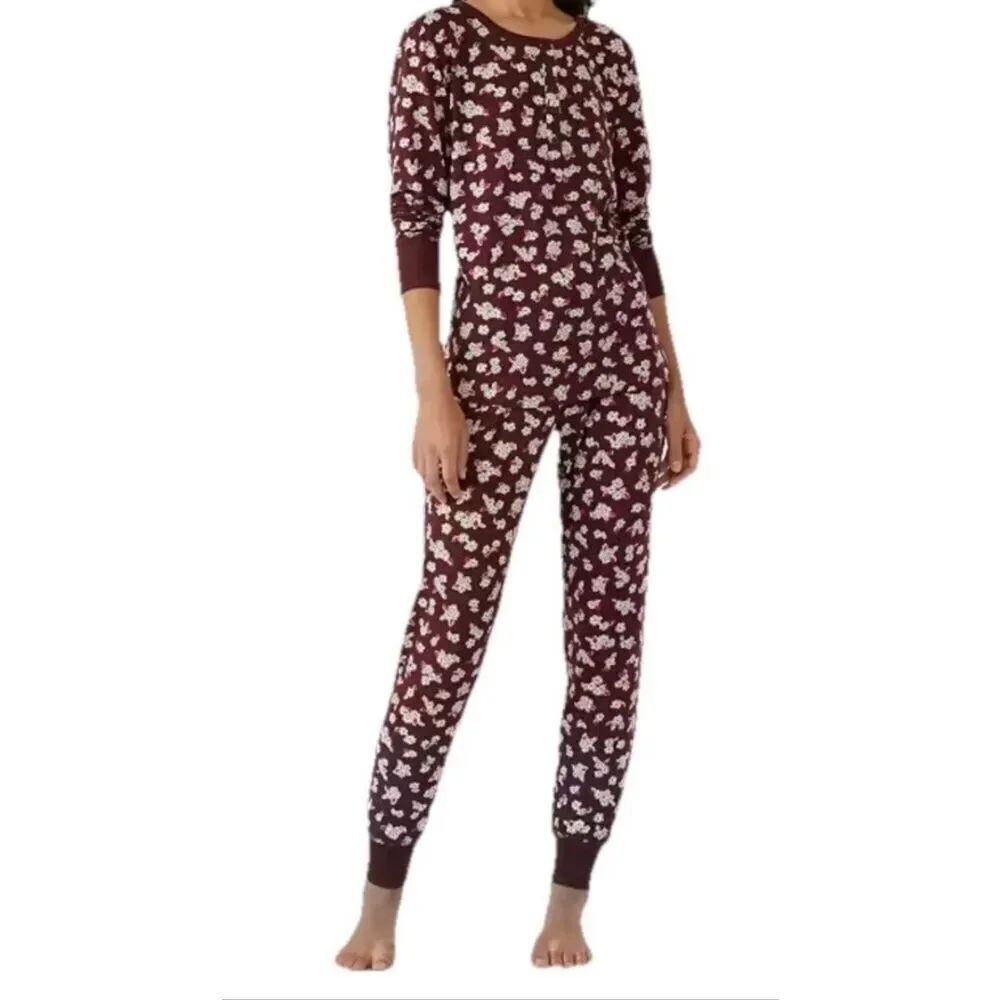 Kate Spade Women's Henley 3Pc Jogger Pajamas W/Eyemask Long Sleeve Chai Red Sz M